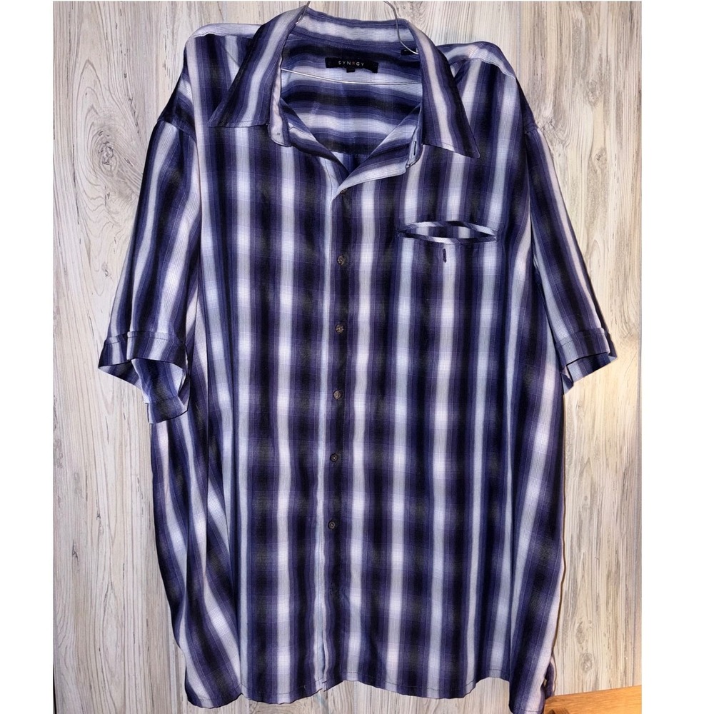 Synrgy Mens Blue Purple Plaid Short Sleeve Button Up Shirt Size 3XL